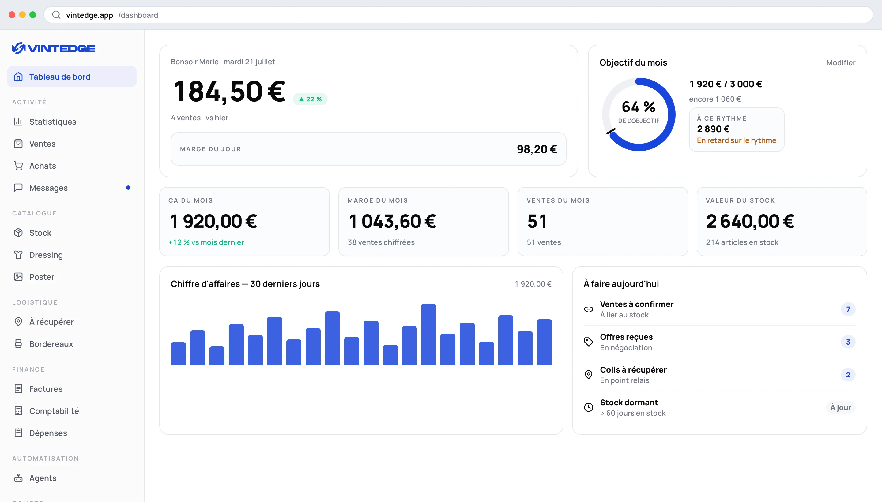 L'accueil du dashboard : chiffre du jour, objectif mensuel et plan du jour