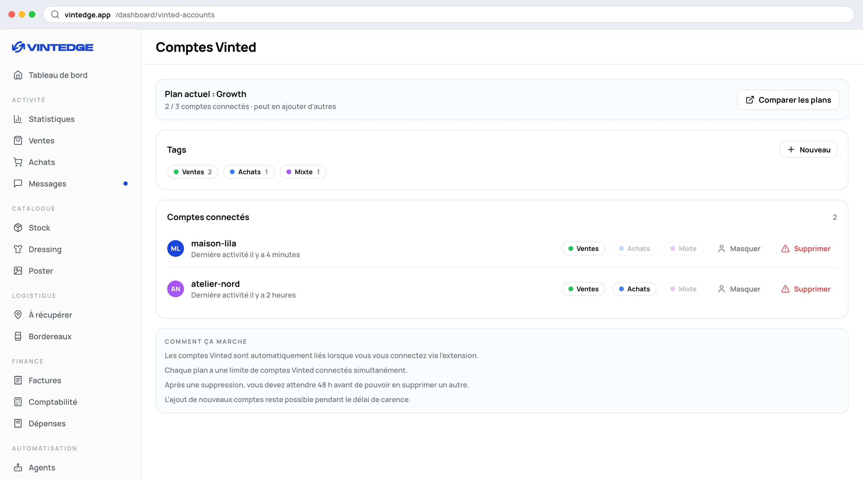 La page Comptes Vinted, avec les tags et la liste des comptes connectés