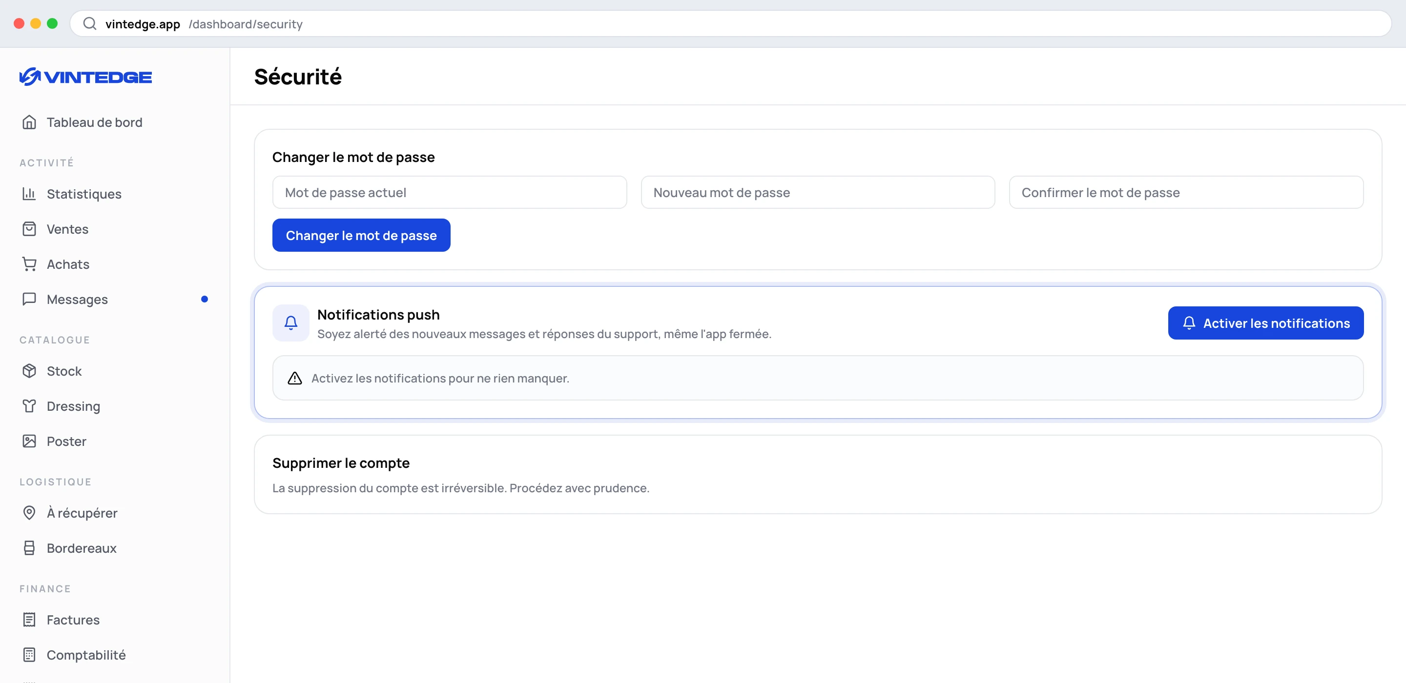 La carte Notifications push sur la page Sécurité du dashboard