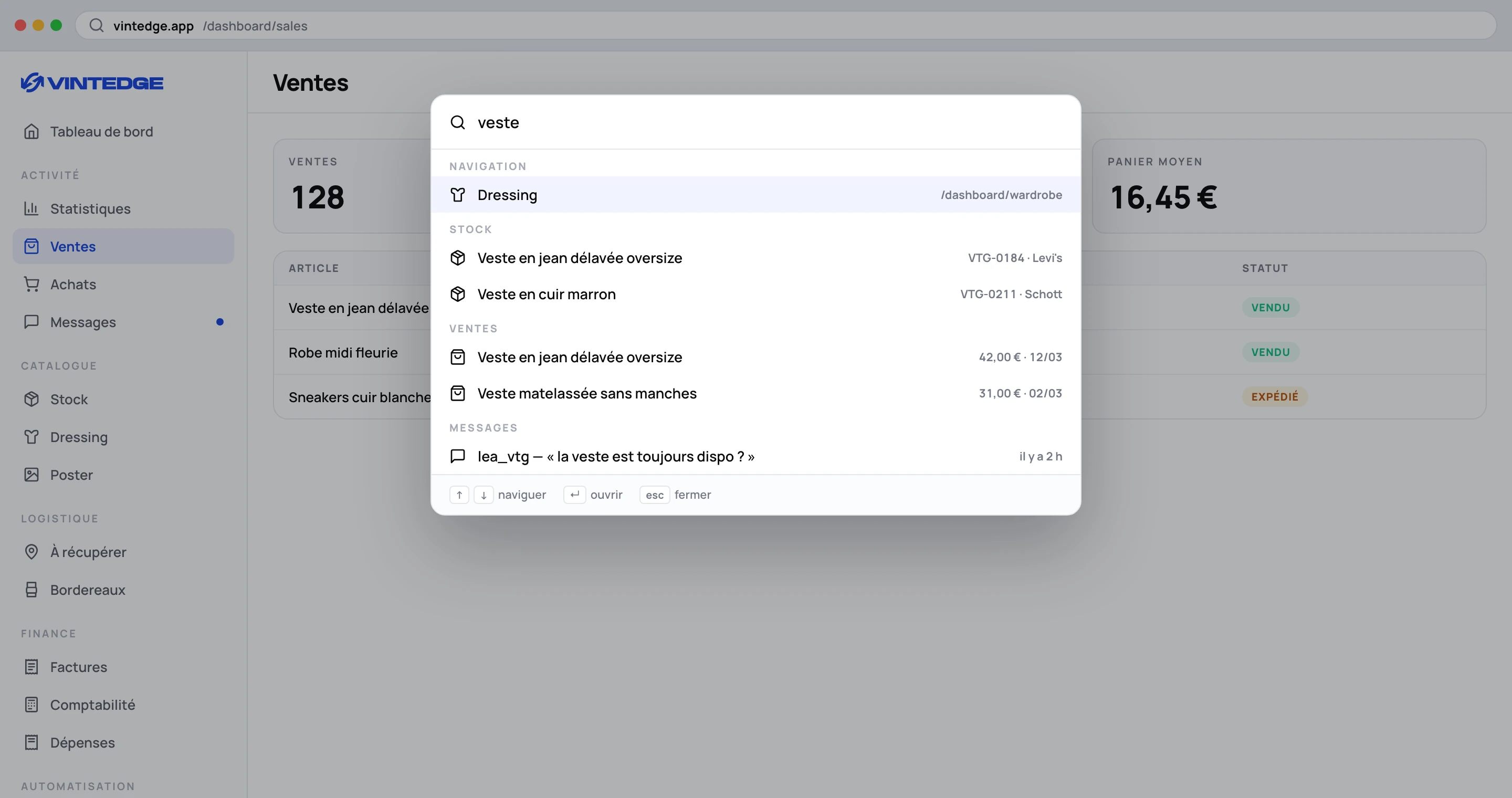 La palette de recherche globale, ouverte avec ⌘K