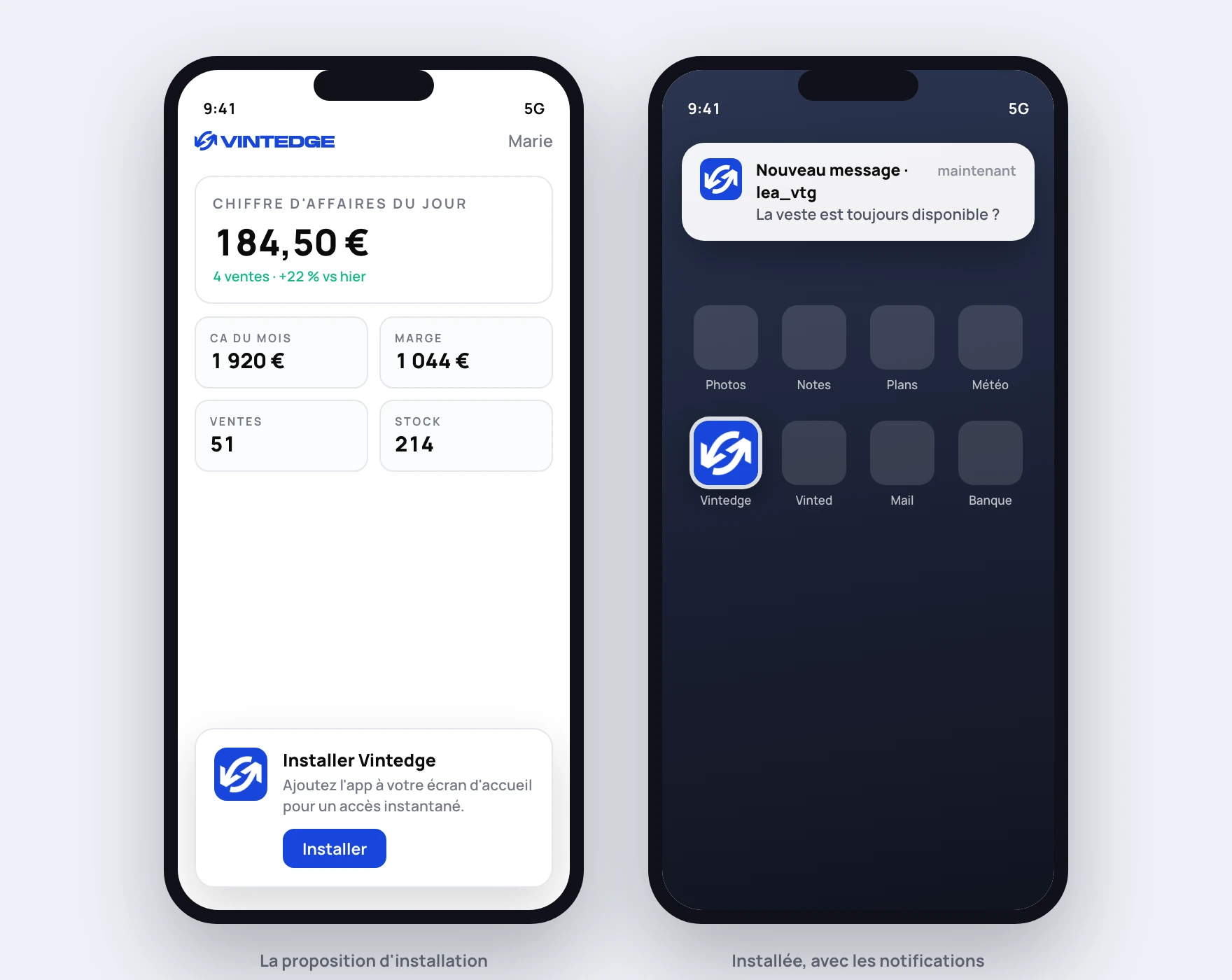 Le bandeau d'installation sur le dashboard, et l'application installée avec une notification