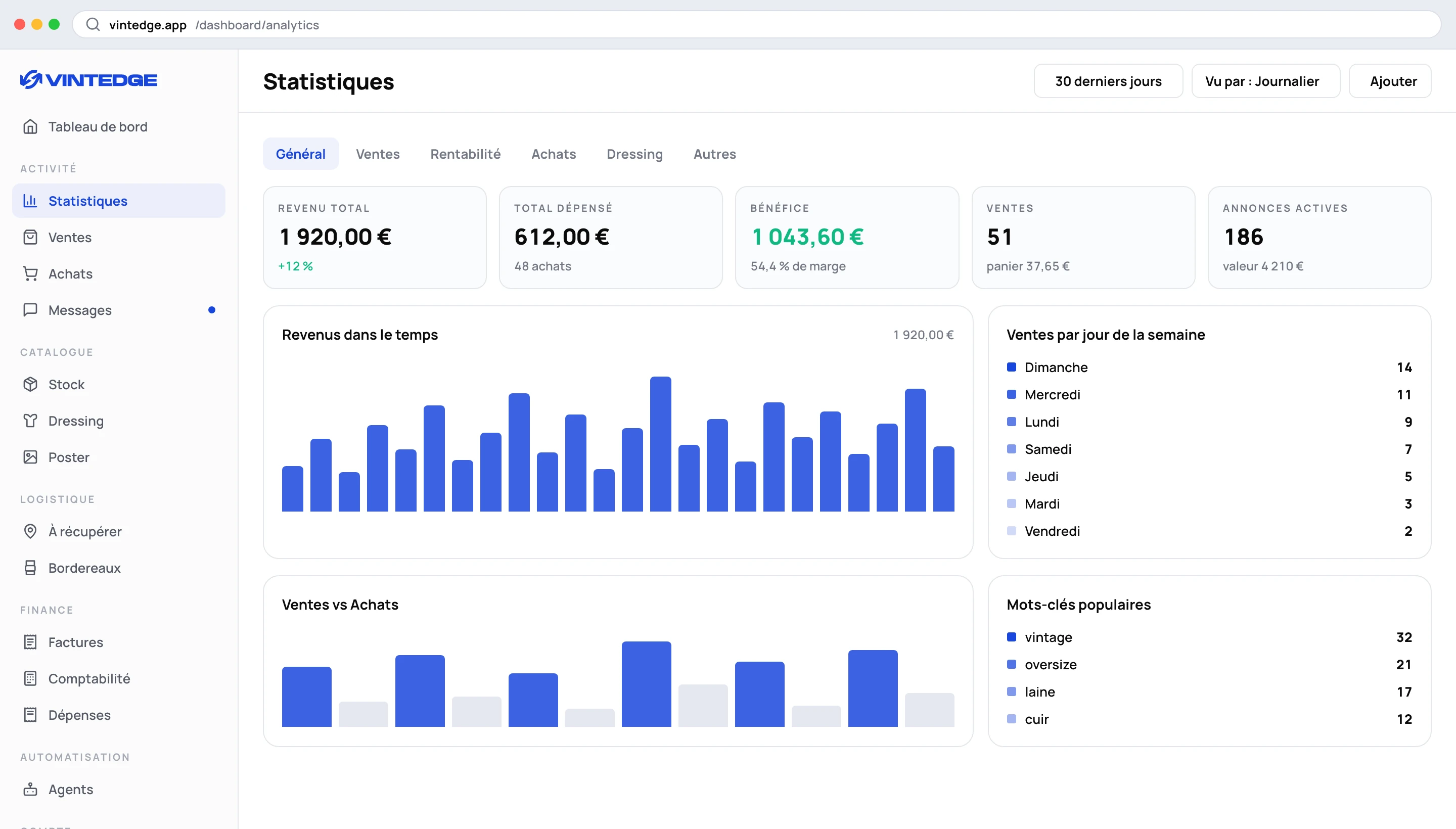 La page Statistiques, onglet Général