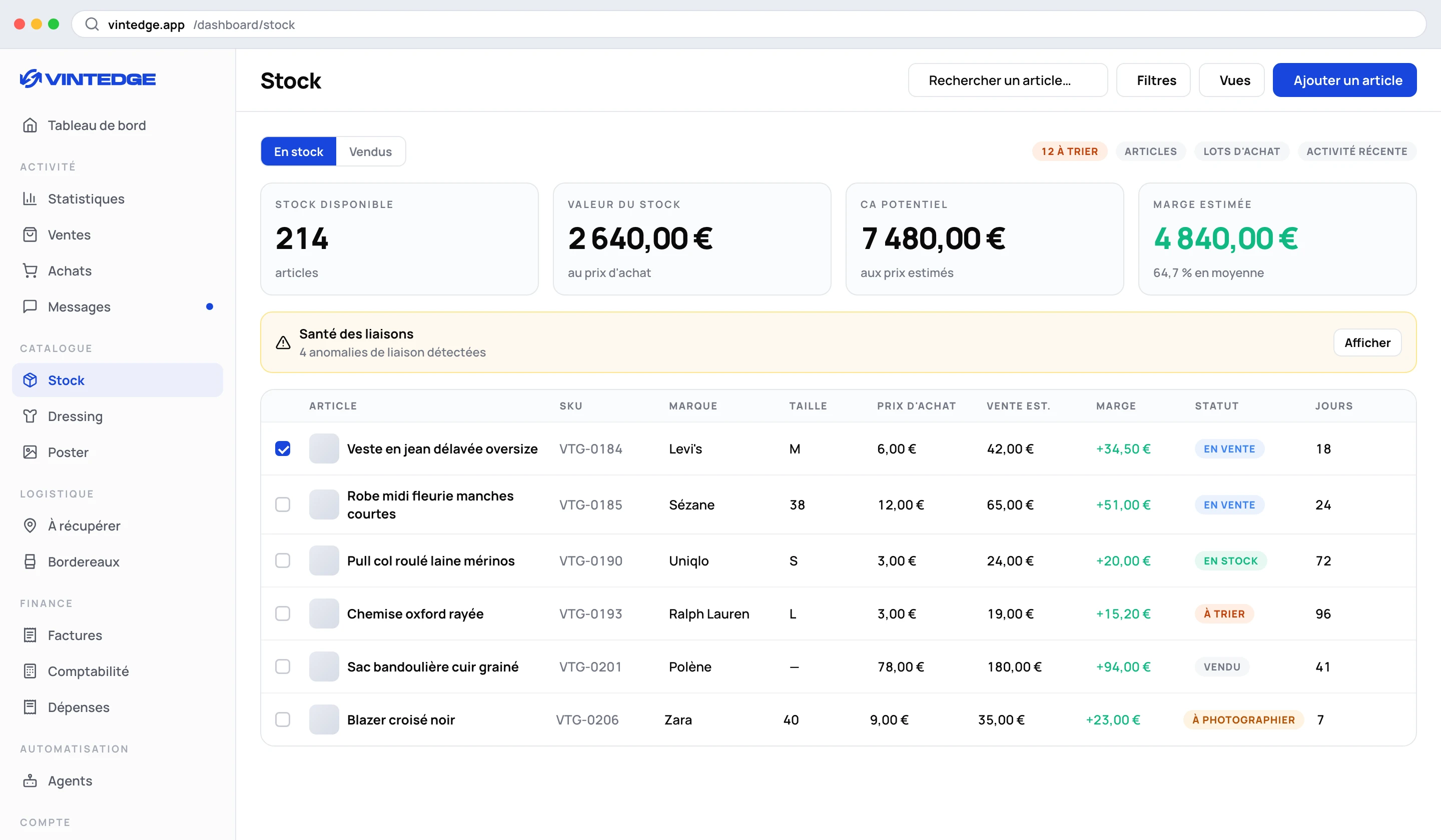 La page Stock, avec les indicateurs, les filtres et le tableau des articles