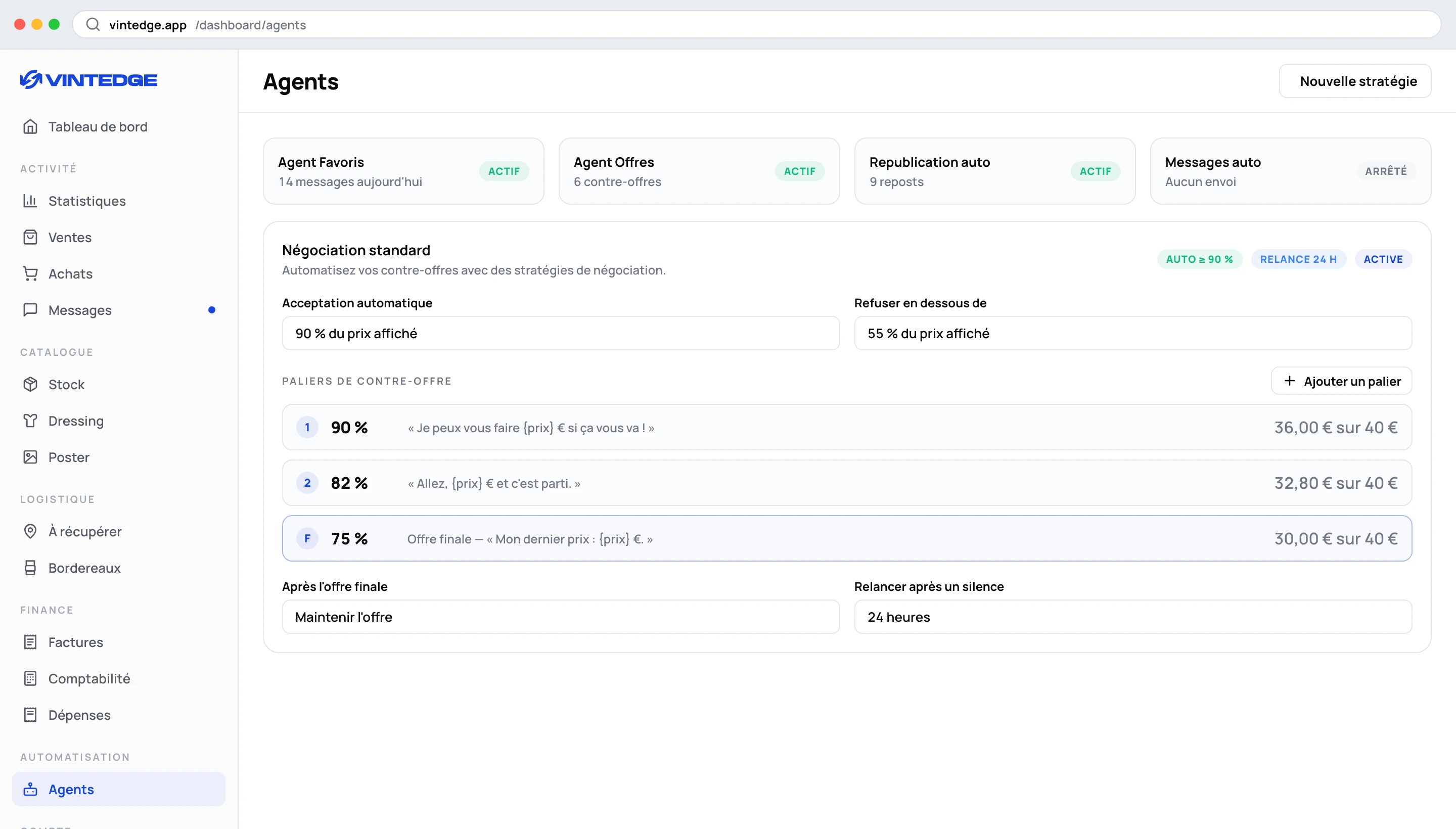 La configuration d'une stratégie de négociation sur le dashboard