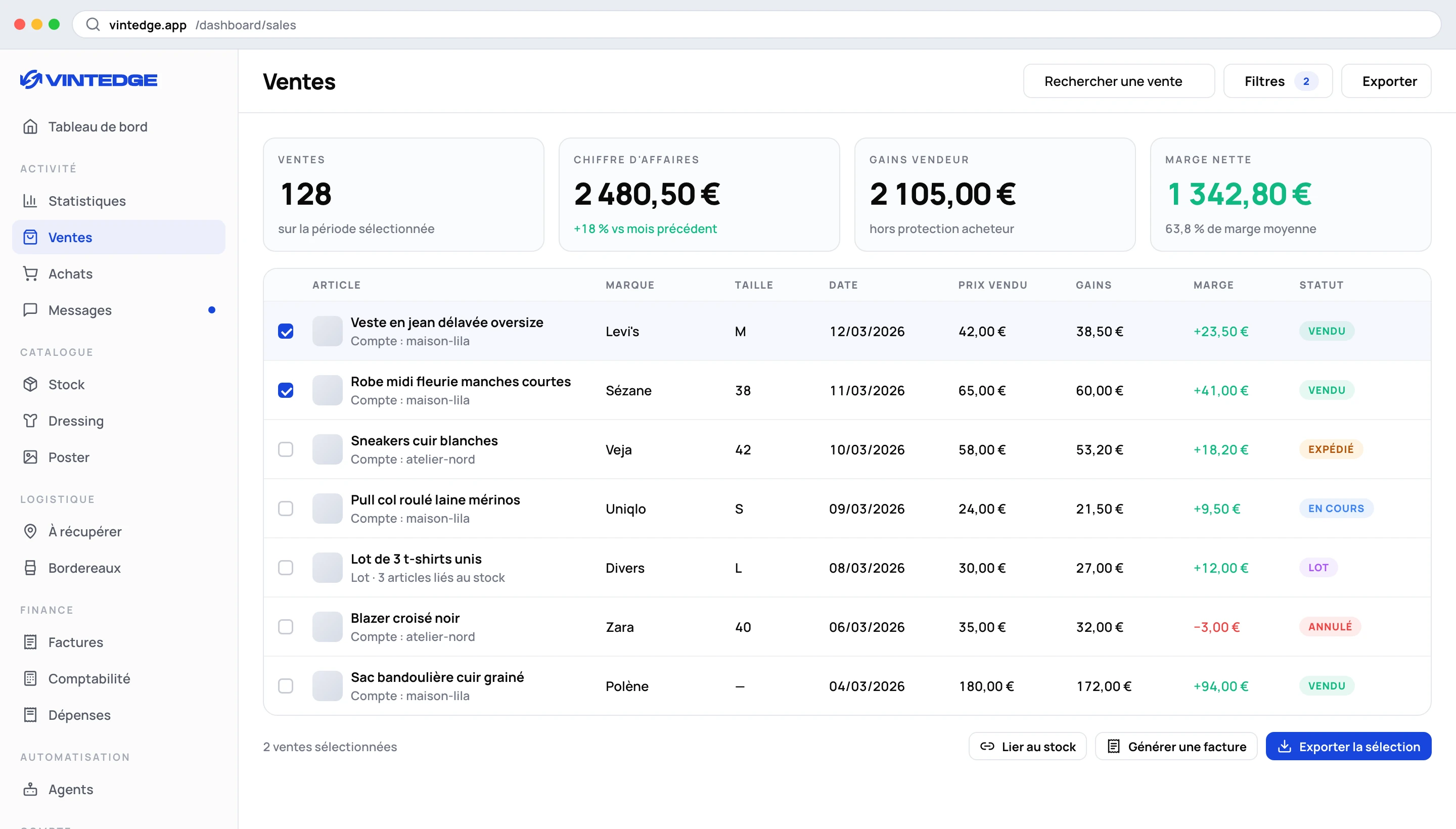 La page Ventes du dashboard, avec les indicateurs de période et la sélection multiple