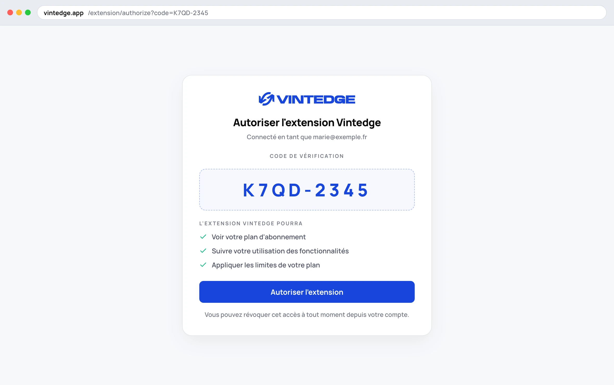 La page d'autorisation sur le dashboard, avec le code à confirmer