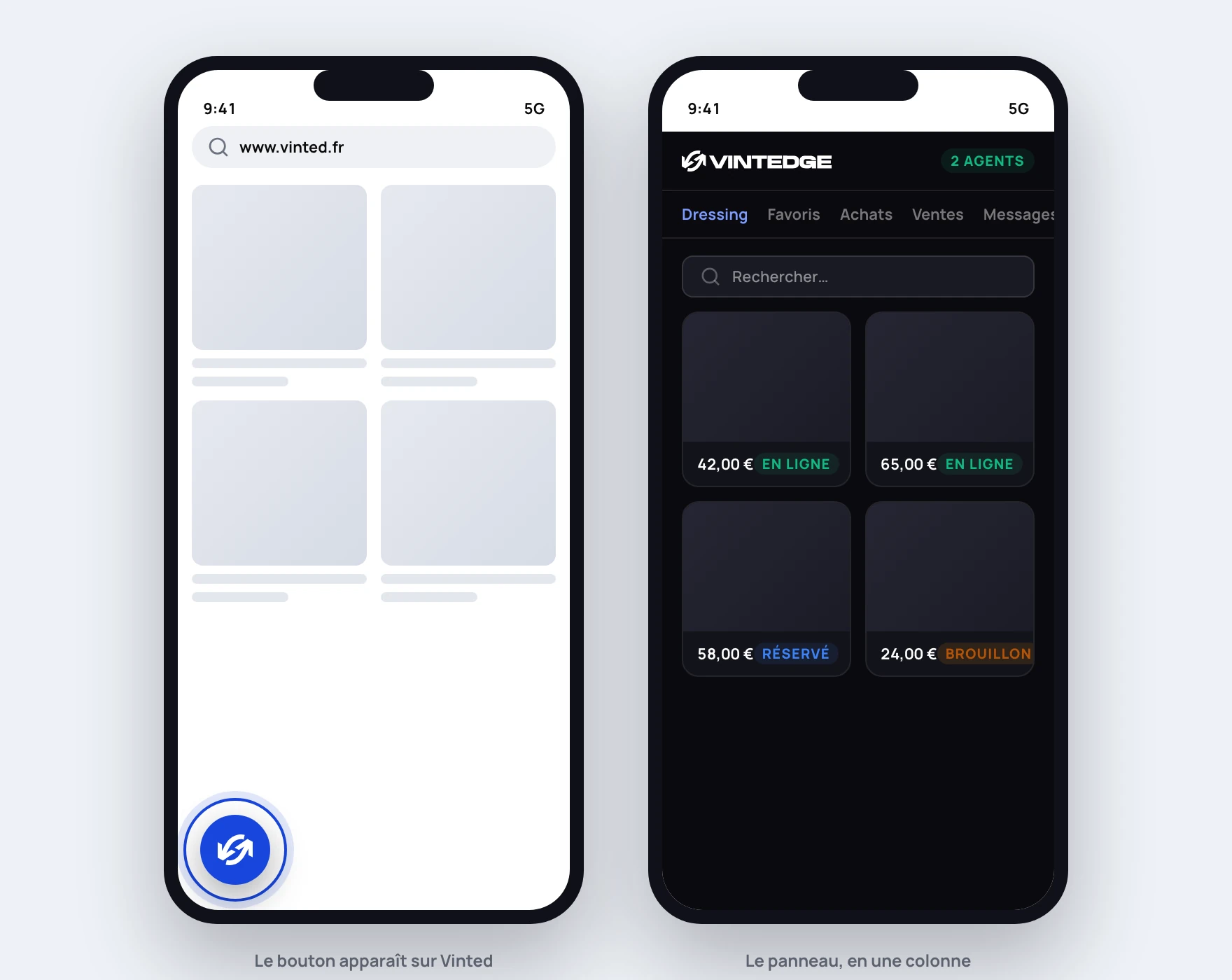 Le bouton Vintedge sur une page Vinted, et le panneau ouvert, sur un téléphone