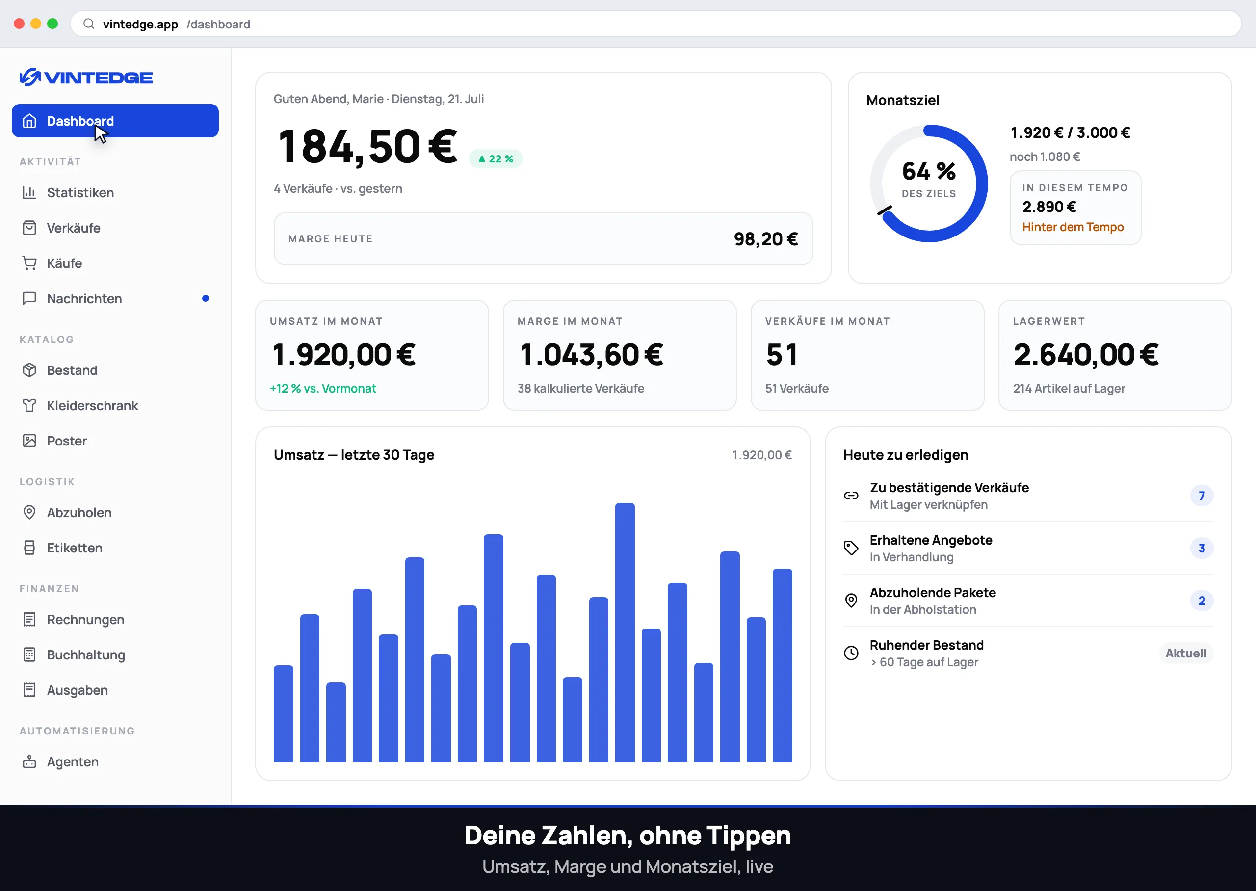 Das Vintedge-Dashboard im Einsatz: synchronisierte Verkäufe, Lager, Nachrichten und automatische Agenten.