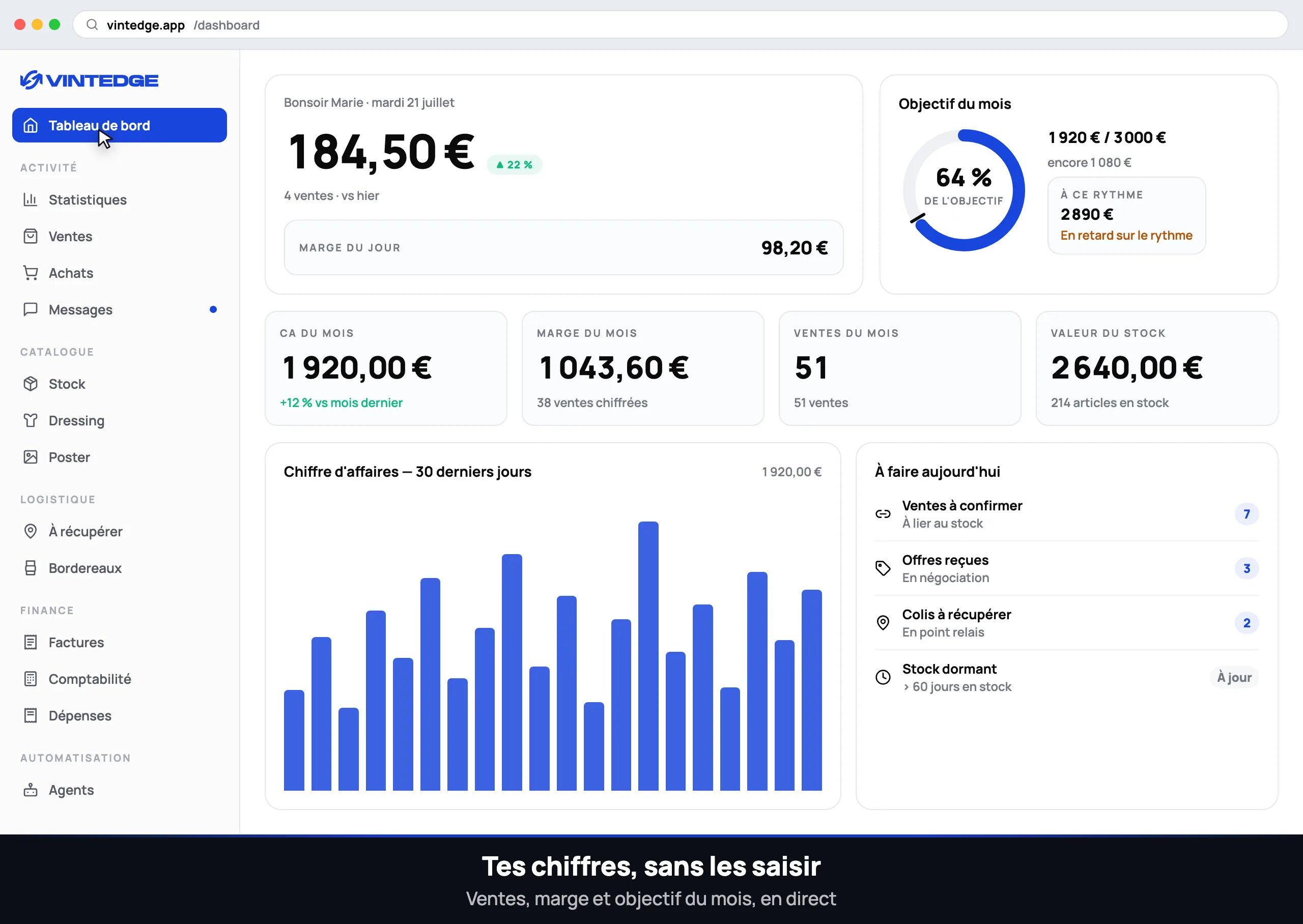 Le dashboard Vintedge en cours d'utilisation : ventes synchronisées, stock, messagerie et agents automatiques.